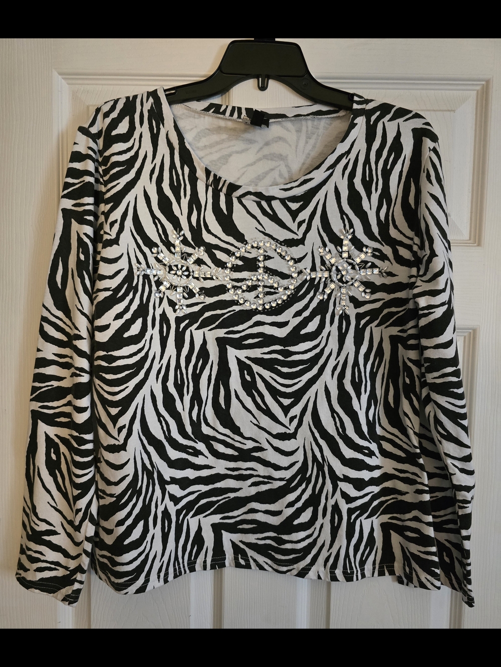 berek Black & White Zebra Print Long Sleeve Top with Rhinestone Detail